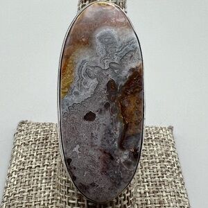 New Large Statement Mexican Laguna Agate Stone Silver Overlay Ring Size 7.75